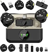 microfone de lapela sem fio de nível profissional, Microfone sem fio lapela(2TX+3RX), Três níveis de redução de ruído, Amplamente compatível com dispositivos de interface Tipo C e Lightning