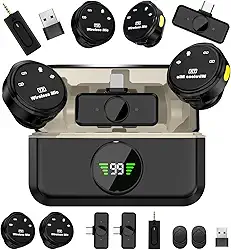 microfone de lapela sem fio de nível profissional, Microfone sem fio lapela(2TX+3RX), Três níveis de redução de ruído, Amplamente compatível com dispositivos de interface Tipo C e Lightning