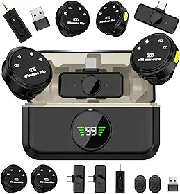 microfone de lapela sem fio de nível profissional, Microfone sem fio lapela(2TX+3RX), Três níveis de redução de ruído, Amplamente compatível com dispositivos de interface Tipo C e Lightning