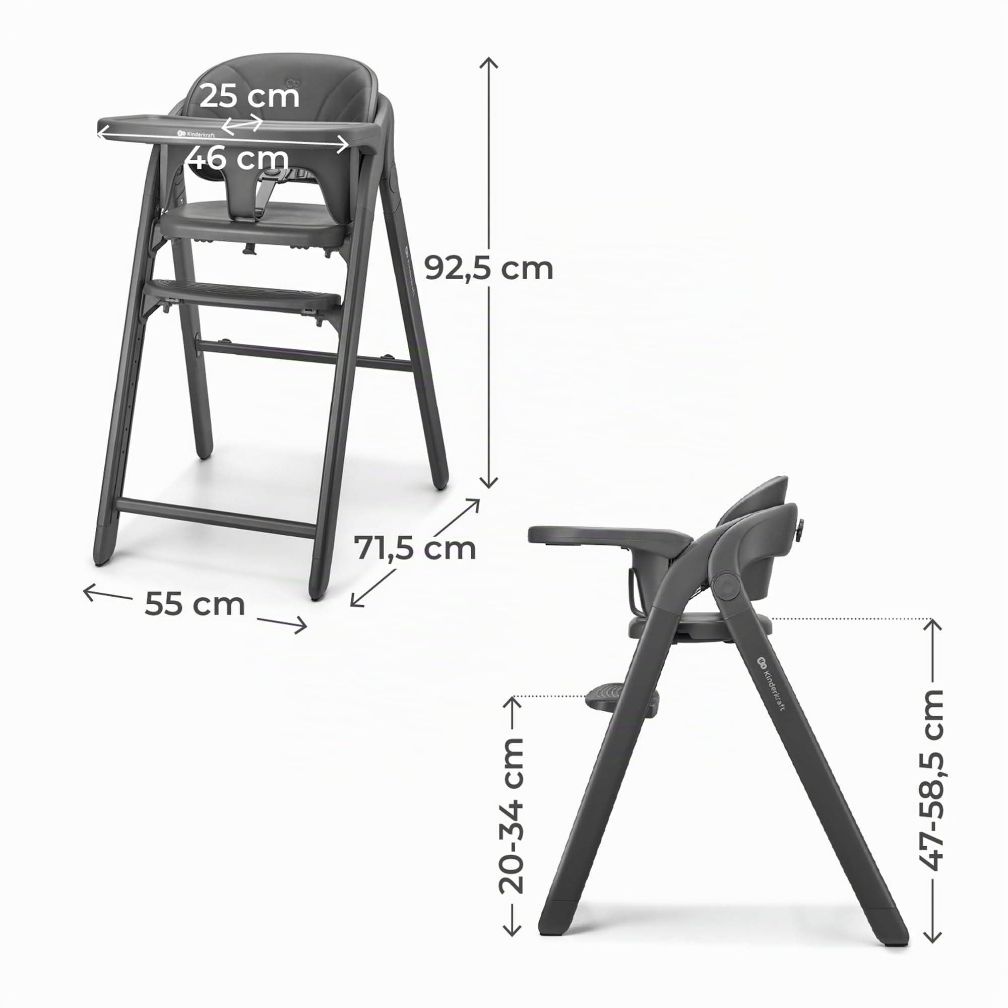 Kinderkraft TINO Chaise Haute 3-en-1, Réglable, Harnais 5 Points, Plateau Amovible, Pliable, Facile à Nettoyer, Croît avec l'Enfant, Idéale pour Enfant et Adulte, Gris