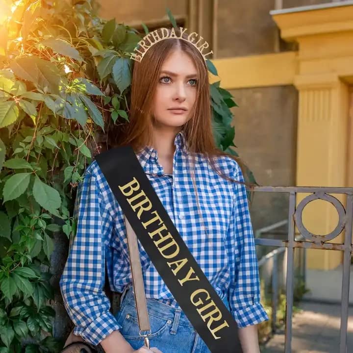 Birthday Sash for Women & Birthday Crown - 2Pc SET - Birthday Sash and Birthday Tiara. Birthday Decorations, Birthday Headband, Birthday Girl Sash, Birthday Party Decorations - Black&Gold