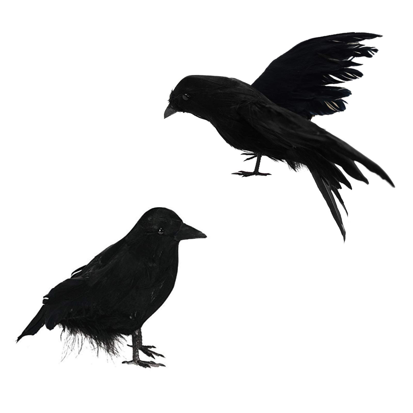2 Pcs Halloween Realistic Crows Black Feathered Flying Standing Crows Artificial Fake Birds Ravens for Christmas Outdoor Indoor Party Props Supplies