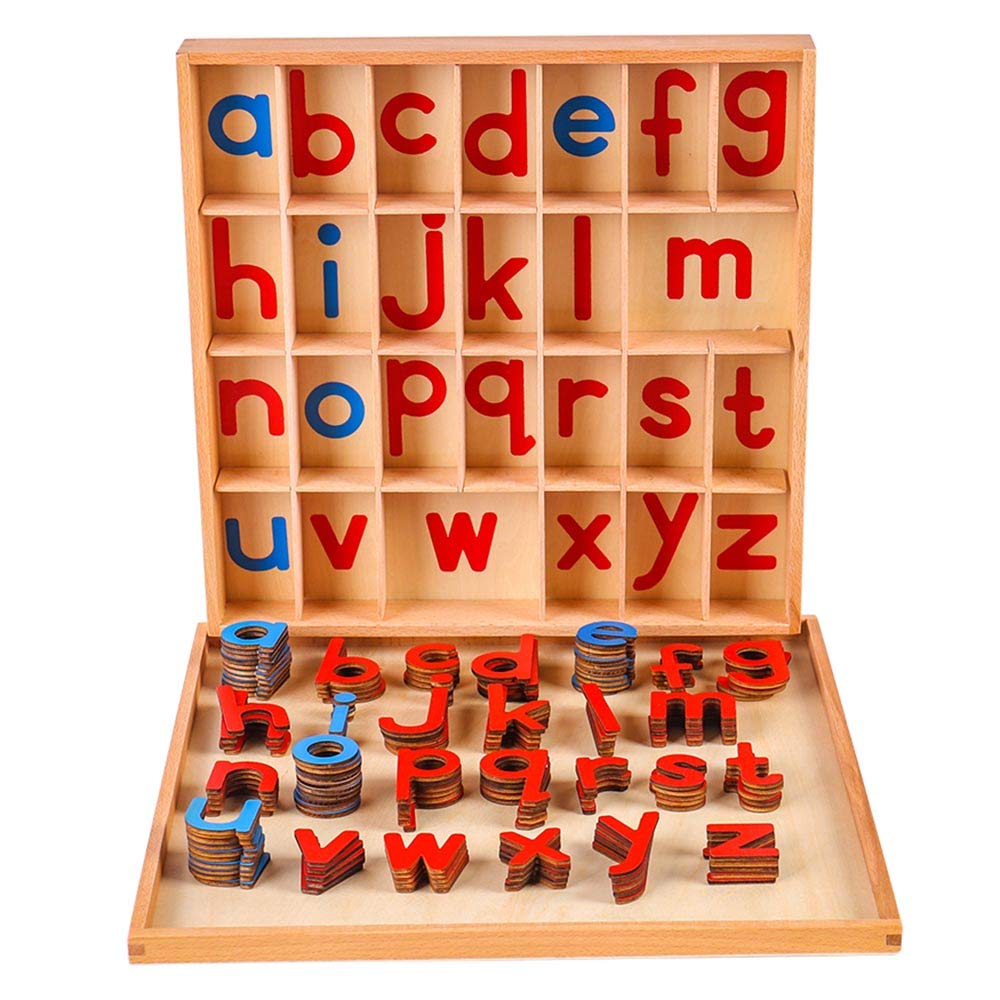 Kghios Montessori Wood Small Movable Alphabet with Box and Large Mat Preschool Spelling Learning Language Materials Toys (Red & Blue) - Image 2