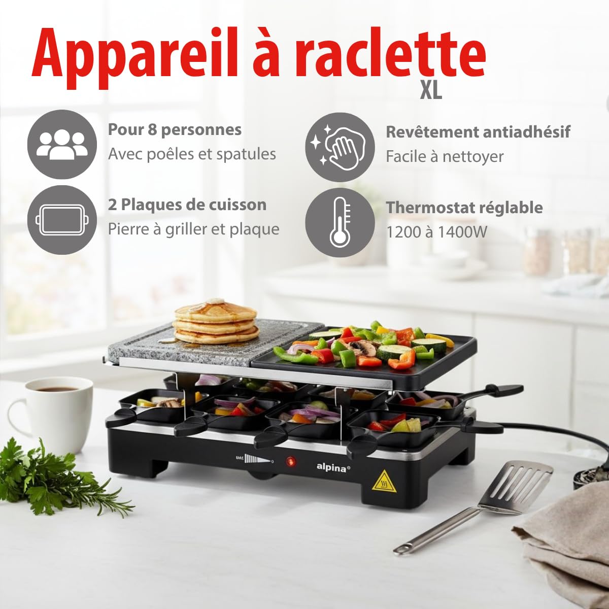 alpina Gril Pierre à Raclette - 8 Poêles - 8 Spatules - 1200-1400 Watt - Thermostat Gourmet Set Plaque de Cuisson
