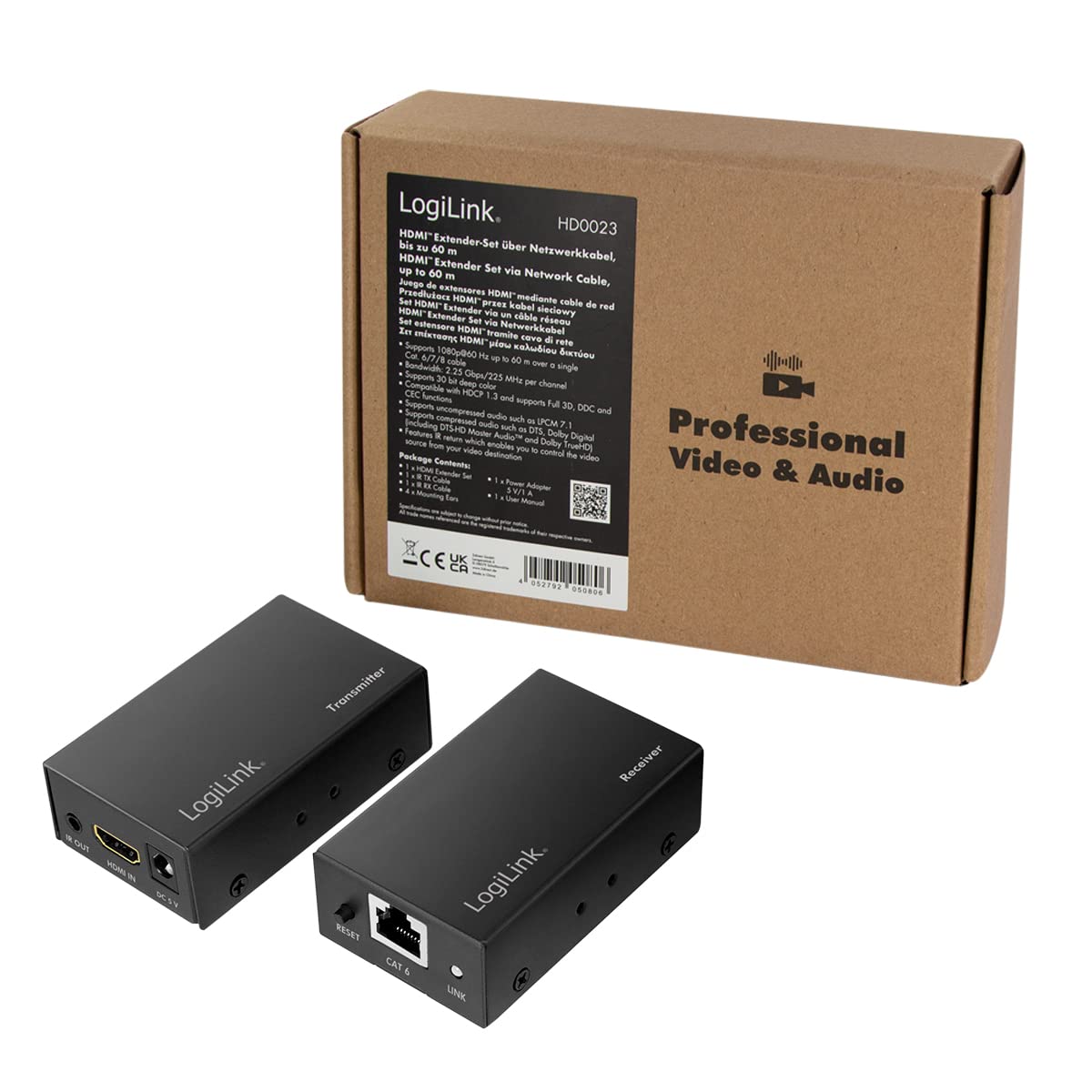 LogiLink HD0023 Kit d'extension HDMI Full HD (Via LAN), 60 m (2560 x 1440/60 Hz), pour rallonger Les signaux HDMI Via câble réseau