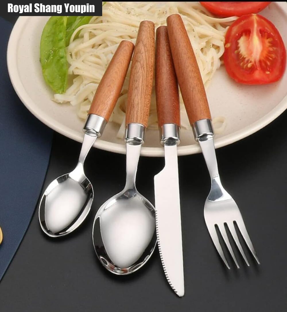 Unique Wooden Handle Kitchen Stainless Steel Silverware Tableware Flatware Cutlery Set Steak Knife Fork Spoon Teaspoon (Silver,16 pieces)