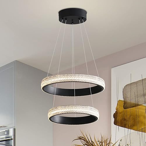 Vaziden Black Modern LED Chandelier, Acrylic Pendant Light Fixtures with 43-inch Adjustable Height Cord, 2 Ring 34W 4000K Chandeliers for Dining Room Living Room Bedroom Foyer Hall