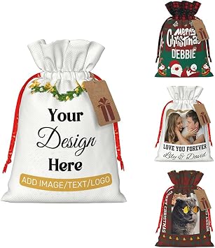 CUESREM Personalized Christmas Wrapping Gift Bag with Name Logo Custom Canvas Santa Sacks Drawstring Christmas Bags for Home Decor