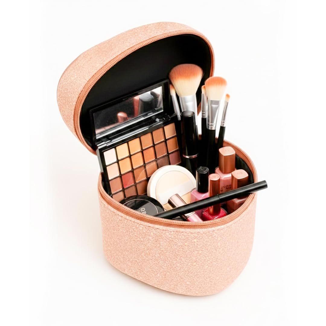 DEPANO Makeup Bag – Triangle Shape Travel Vanity Case – Large Capacity Organizer – Premium Glitter PU Leather – Rose Pink| Vanity trinangle_ P-image-15