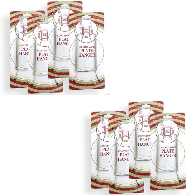 BANBERRY DESIGNS Chrome Plate Hangers - Fits 8 to 10 Inch Plates - Set of 12 - Clear Vinyl Sleeves on Hooks Protect The Plate - Hanging Hook and Nail Included
