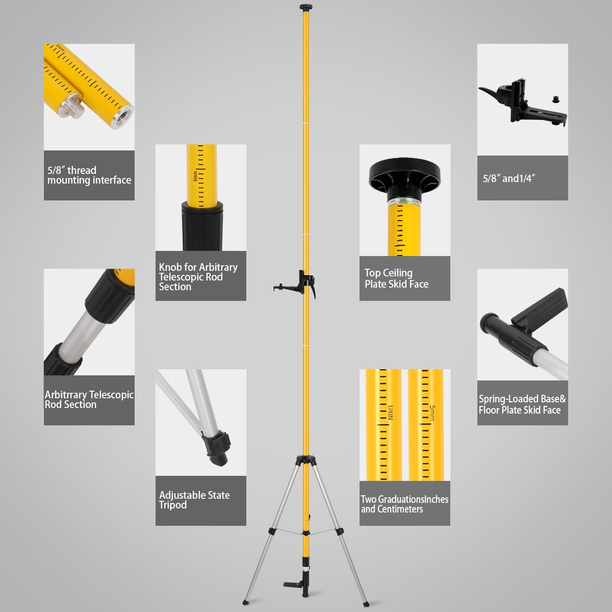 Niveau laser télescopique, niveau laser avec trépied, 3,7 m avec fixation laser 1/4« par 20 » pour niveau laser rotatif et linéaire, écrou d'adaptation 5/8"-11 inclus