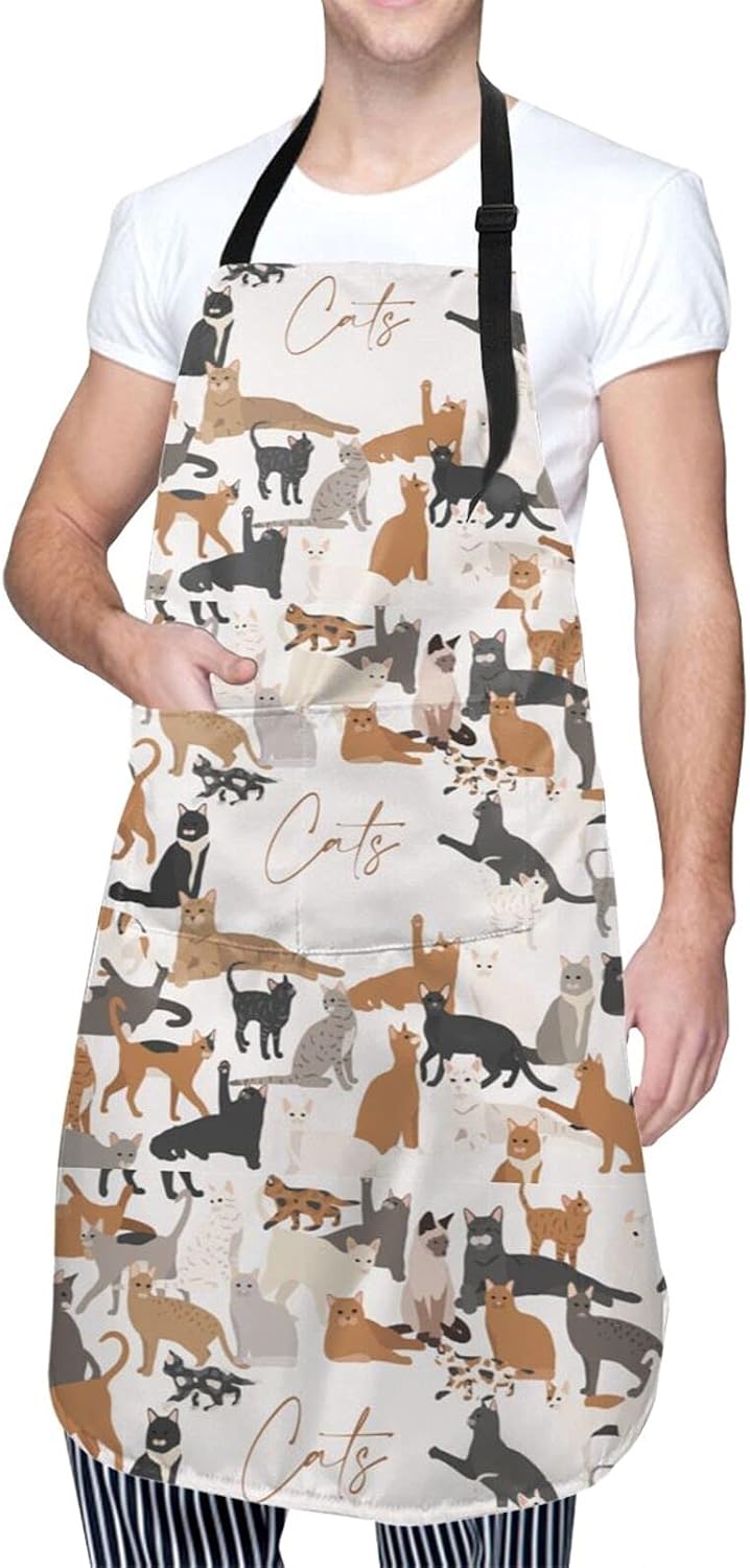 Cat or Dogs Animal Apron, with 2 Pockets, Adjustable Drawstring