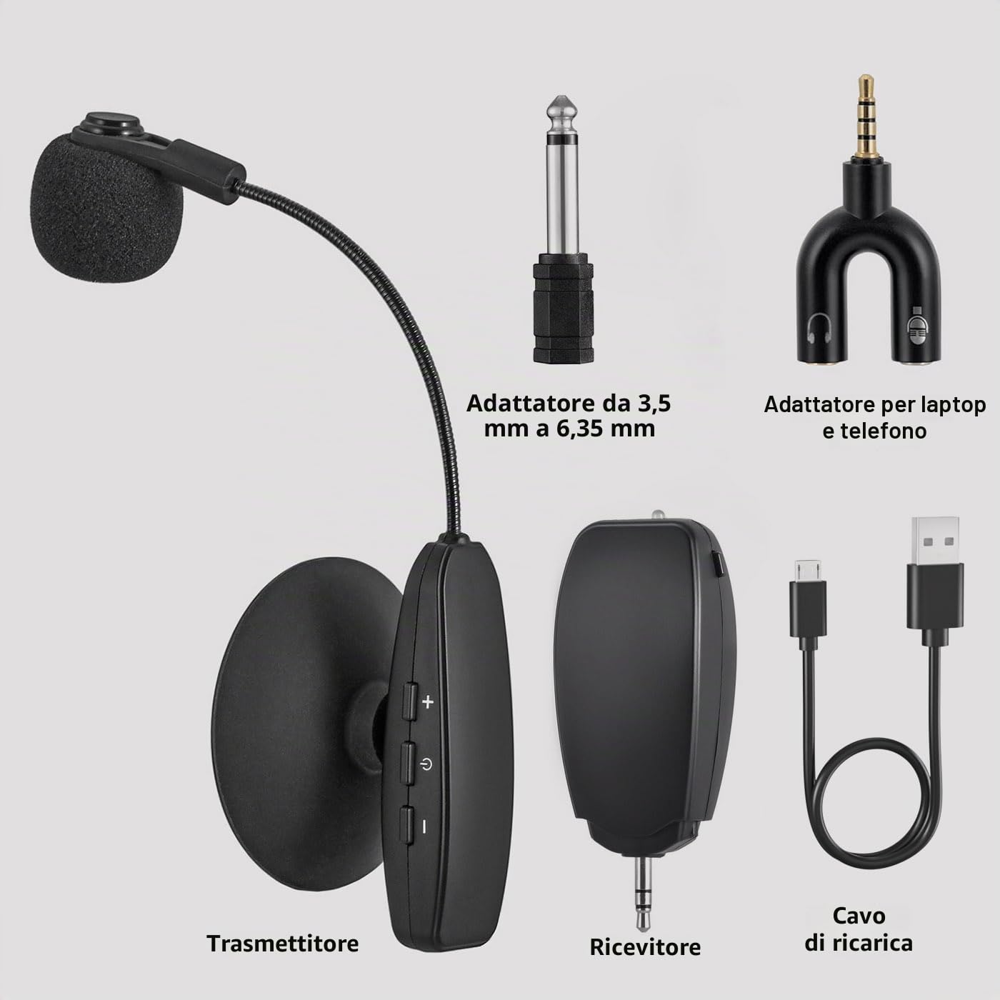 Microfono Wireless per Strumenti Musicali con Ventosa, Ricevitore e Trasmettitore Wireless, per Chitarra, Violino, Banjo e altro ancora
