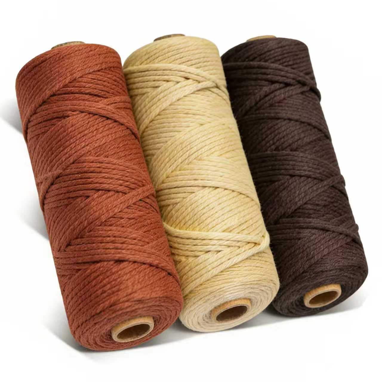 3 Rolls 3mmx100m Cotton Macrame Cord, 4 Strand Twisted, 3mmx300m Natural Cotton Cord for Wall Hanging, Plant Hangers, Knitting, DIY Crafts, Weaving Decoration (Golden needle red+khaki+brown)