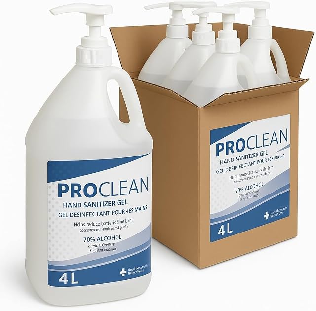 4 L Désinfectant pour les mains 1 gallon Fabriqué au Canada - 70% Alcool de qualité alimentaire - 4 L Jus avec pompes - 99.9% efficace avec l'hydratant & Vit E. Formule sans rinçage – Idéal pour l'utilisation à la maison, au bureau ou pour les affaires - 4 Litres avec pompe