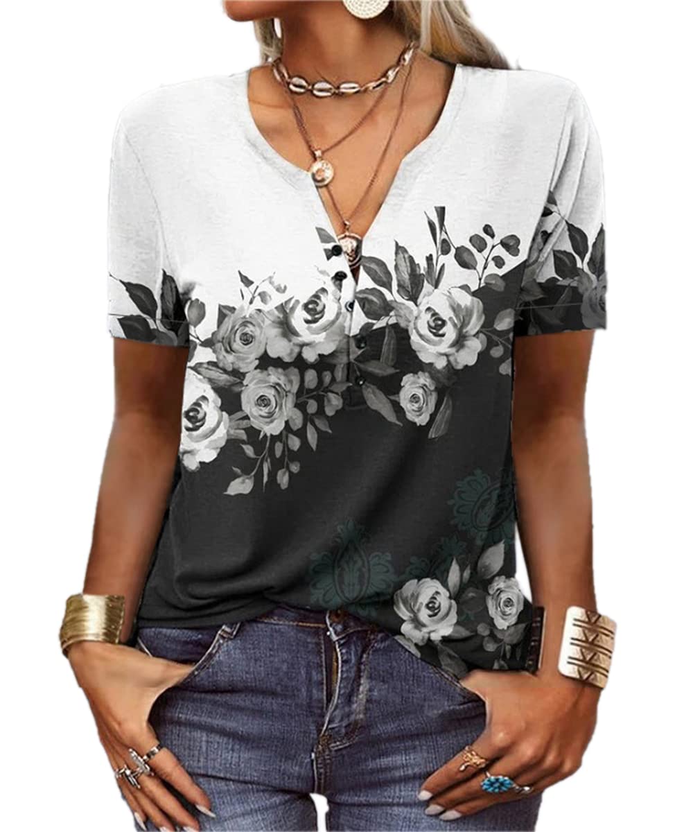 GRMLRPT Blusa para Mujer Manga Larga Camisa Cuello Redondo Botone Casual Top de Manga Larga Colorido Estampado Floral (Multicolor,S-XXL)