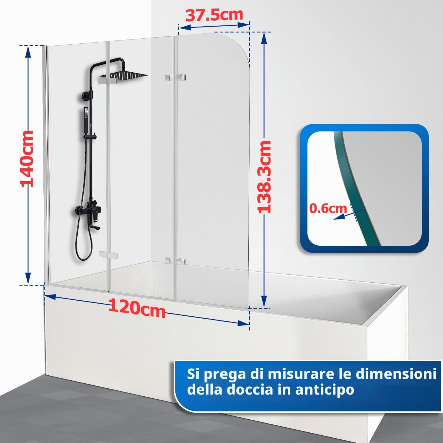 Schermo doccia per vasca da bagno, 120x140 cm, 3 pezzi pieghevoli, divisoria per doccia, con vetro di sicurezza ESG da 6 mm, Schermo doccia in vetro per vasca da bagno, trasparente argento