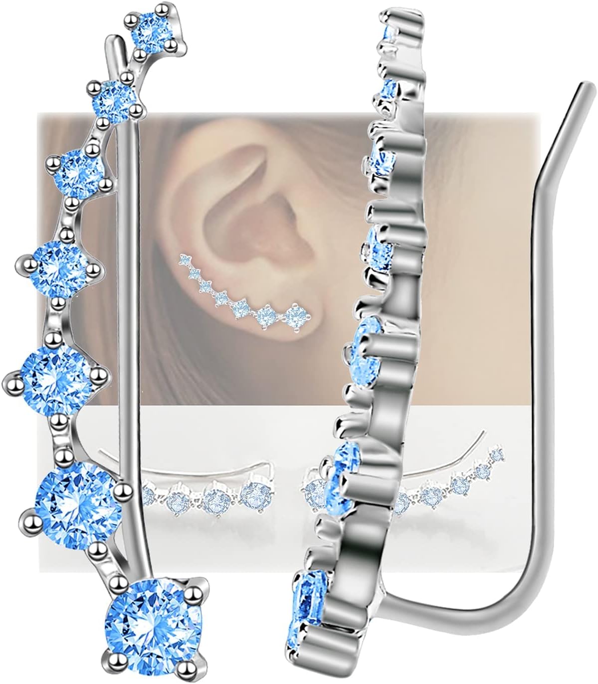 Sterling Silver Climber Earrings for Women 7 Crystals Ear Cuffs Cartilage Hypoallergenic Jewelry Dainty Fashion Birthday Gift for Women