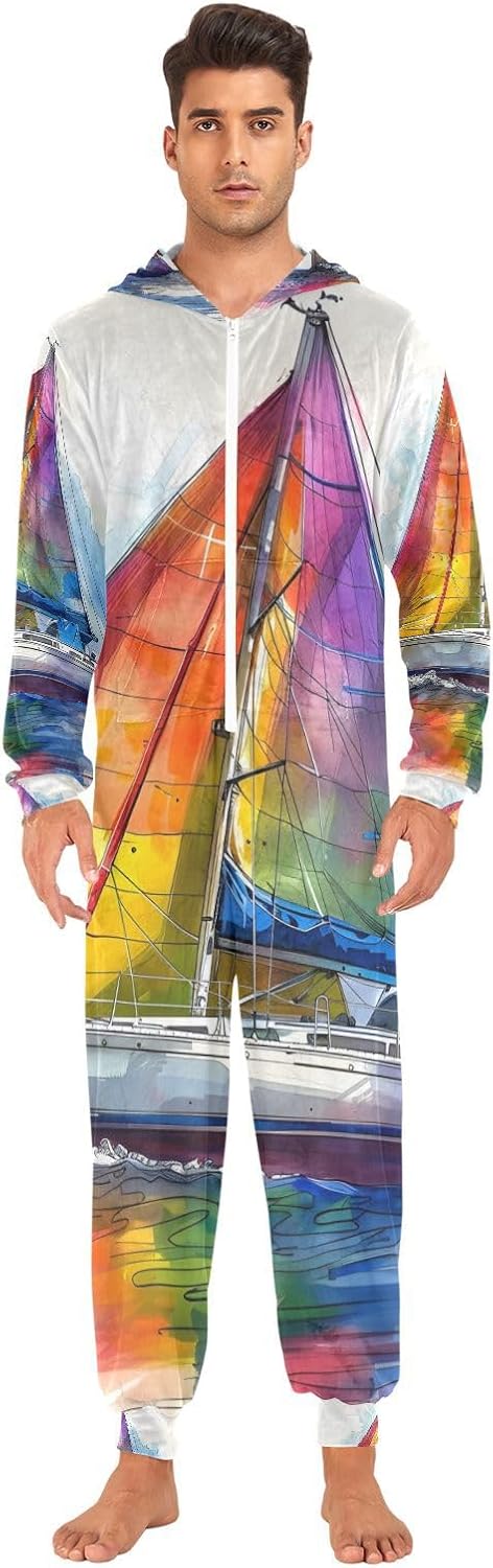Rainbow Sailboat Watercolor Unisex Adult Onesie Pajamas Comfy One Piece Costume Jumpsuits Novelty Sleepwear Homewear for Men Women