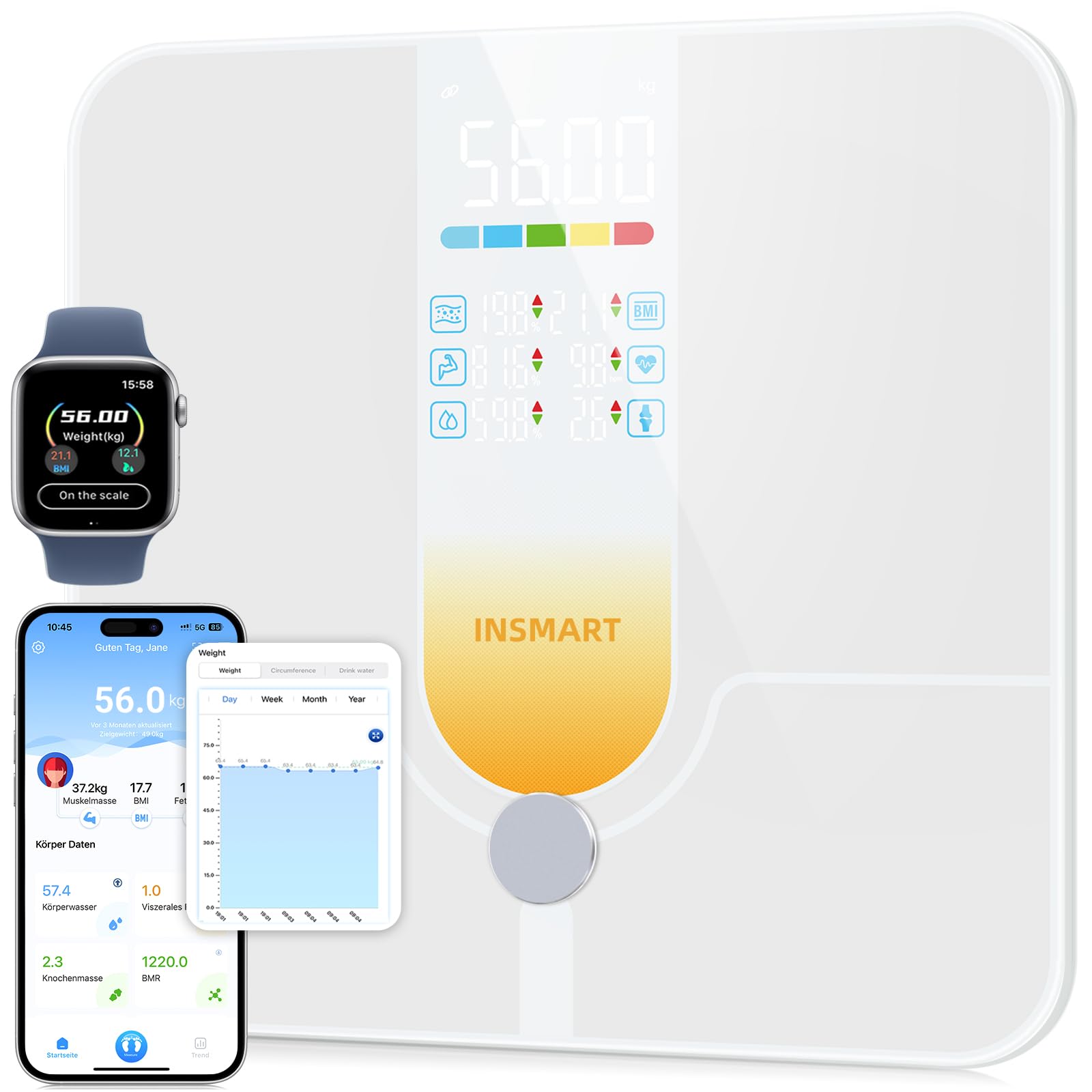 INSMART Inteligentna waga z dużym wyświetlaczem, waga 227 kg/500 lb z aplikacją/Bluetooth/czujnikiem pełnej powierzchni, waga osobowa analizuje 18 danych pomiarowych, BMI, wagę, tkankę tłuszczową
