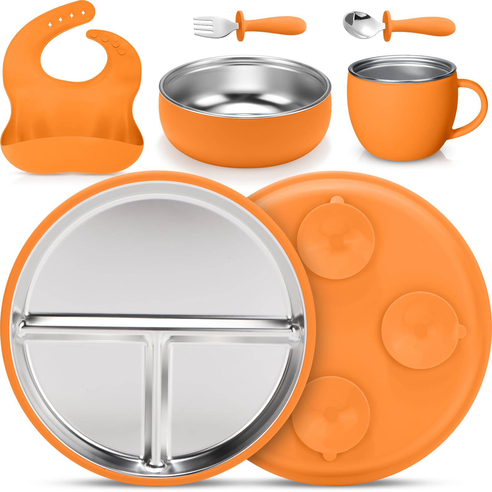 Nuogo - Juego de 6 platos y tazones de acero inoxidable 304 para niños (23 cm), con ventosa, tazón y taza de acero inoxidable con tenedores y cucharas de silicona extraíbles, babero de bolsillo para bebés pequeños (naranja)