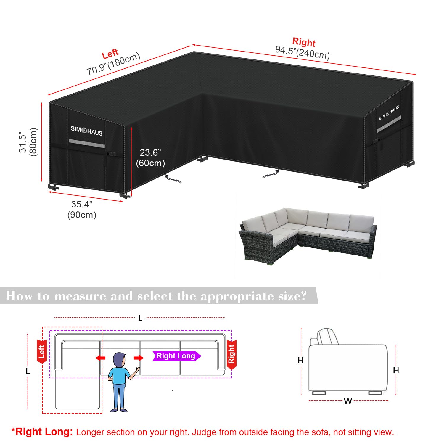 Schutzhülle für Loungemöbel L Form,Ecksofa Abdeckplane Loungemöbel L Form Abdeckung Ecksofa Outdoor Gartenmöbel Abdeckung Wasserdicht Winddicht Anti UV 420D Oxford Gewebe 180x240x90x80/60cm