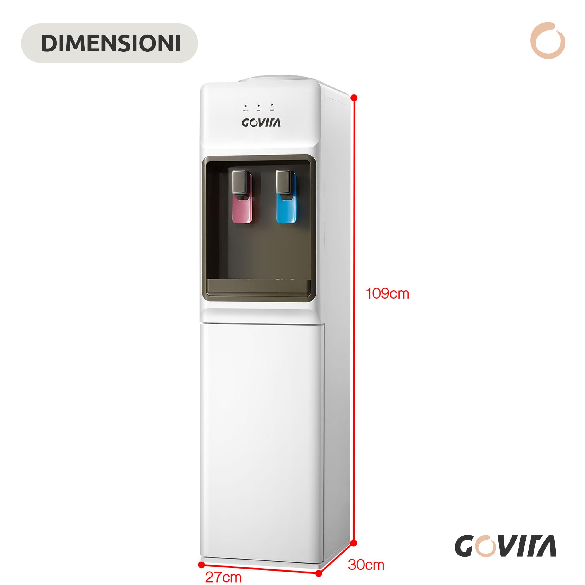 GOVITA - Dispenser Acqua a Colonnina a Boccione 18L – Erogatore Acqua Fredda Calda e Ambiente con Compressore – Distributore Acqua Refrigerata per Casa e Ufficio - con portabicchieri