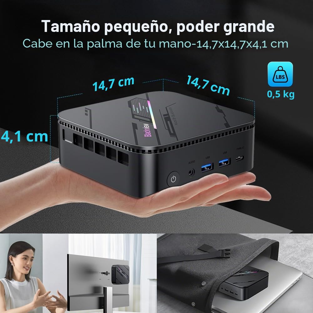 Blackview MP100 Pro Mini PC, Intel i5-12450H (hasta 4.4GHz), DDR4 16GB (hasta 64GB) RAM 512GB (hasta 2TB) PCIE 4.0 SSD M.2, Triple Pantalla 4K, Windows 11 Pro, WiFi 6, Bluetooth 5.2, 3 años garantía