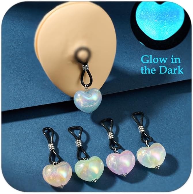 QWALIT 5pairs Glow in Dark Fake Nipple Piercing Fake Nipple Rings Adjustable Heart Elastic Nooses Silicone Cute Pearl Silver non-Piercing Faux Body Jewelry for Women Comfortable Valentine's Day