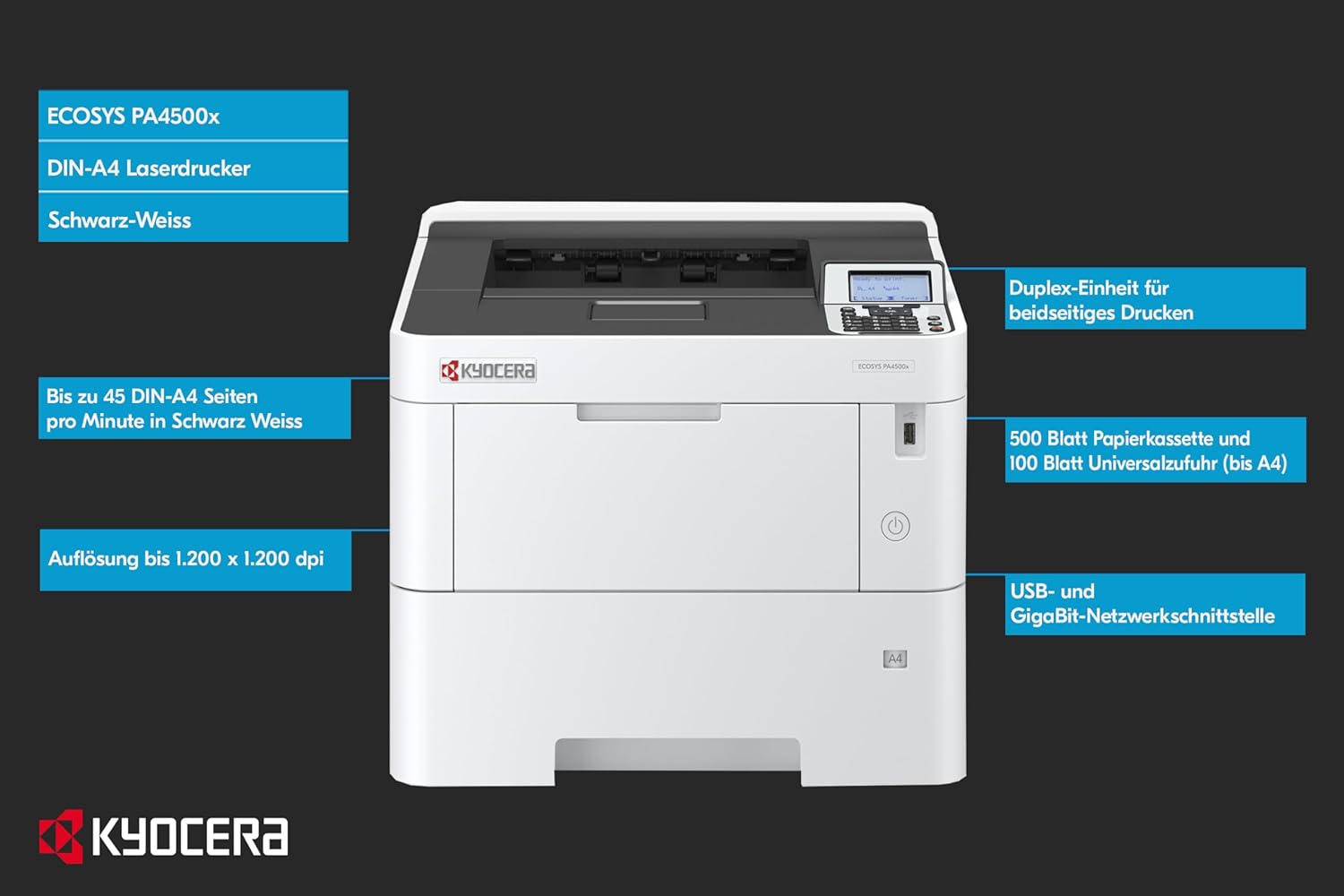 Kyocera Ecosys PA4500x with key features highlighted