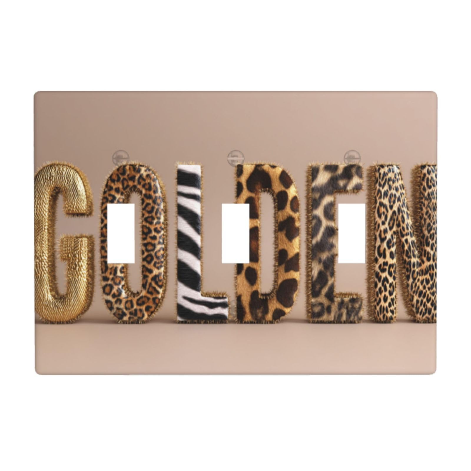 Luxury Word Golden with Leopard Zebra Textures Light Switch Covers 3 Gang Triple Toggle Wall Plate Switchplate Electrical Faceplate for Bathroom Kitchen Bedroom Decor