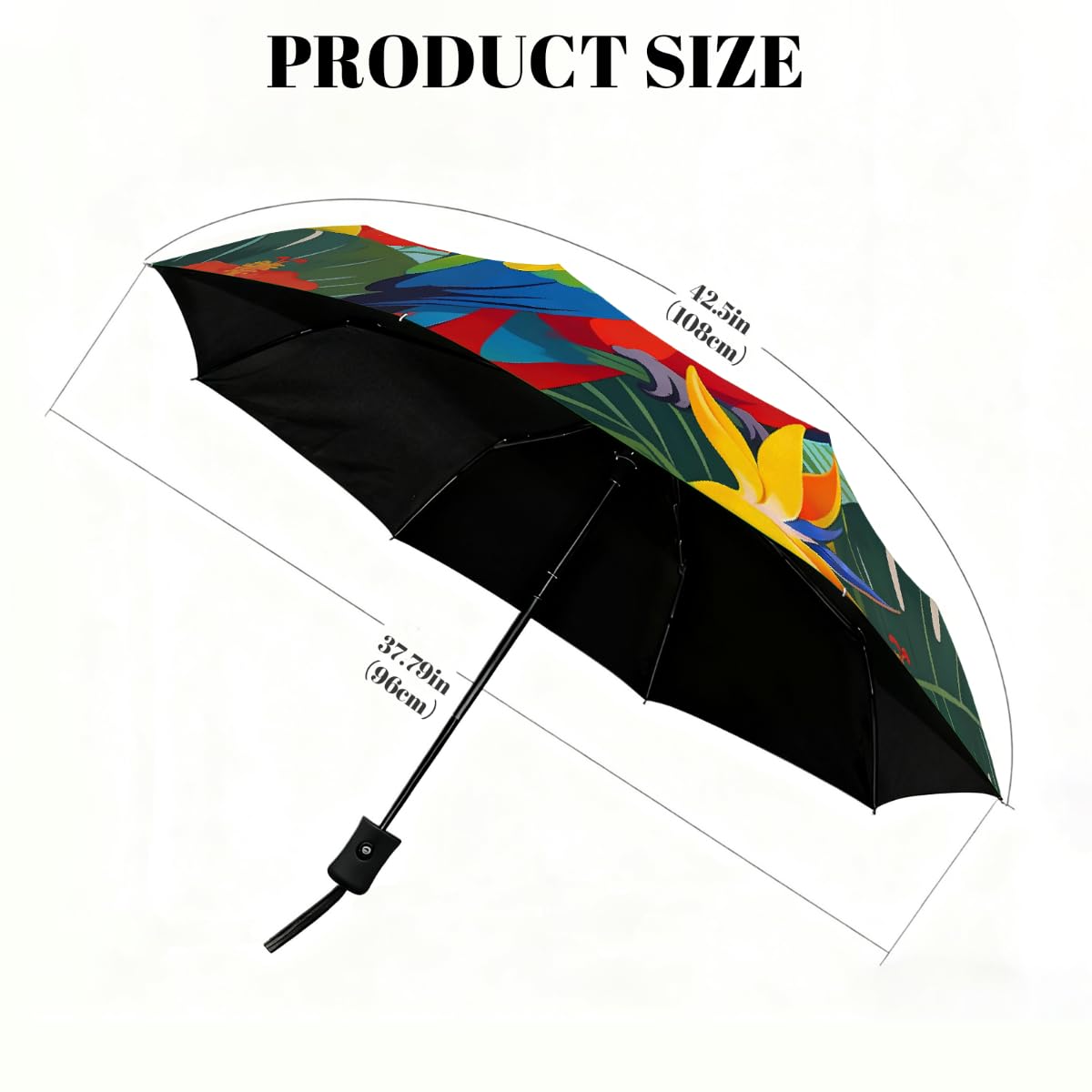 Vinatge Ombrello da viaggio pieghevole con foglie tropicali, compatto, antivento, impermeabile, con protezione UV, rivestimento nero, leggero, 8 costole, portatile, per pioggia e sole