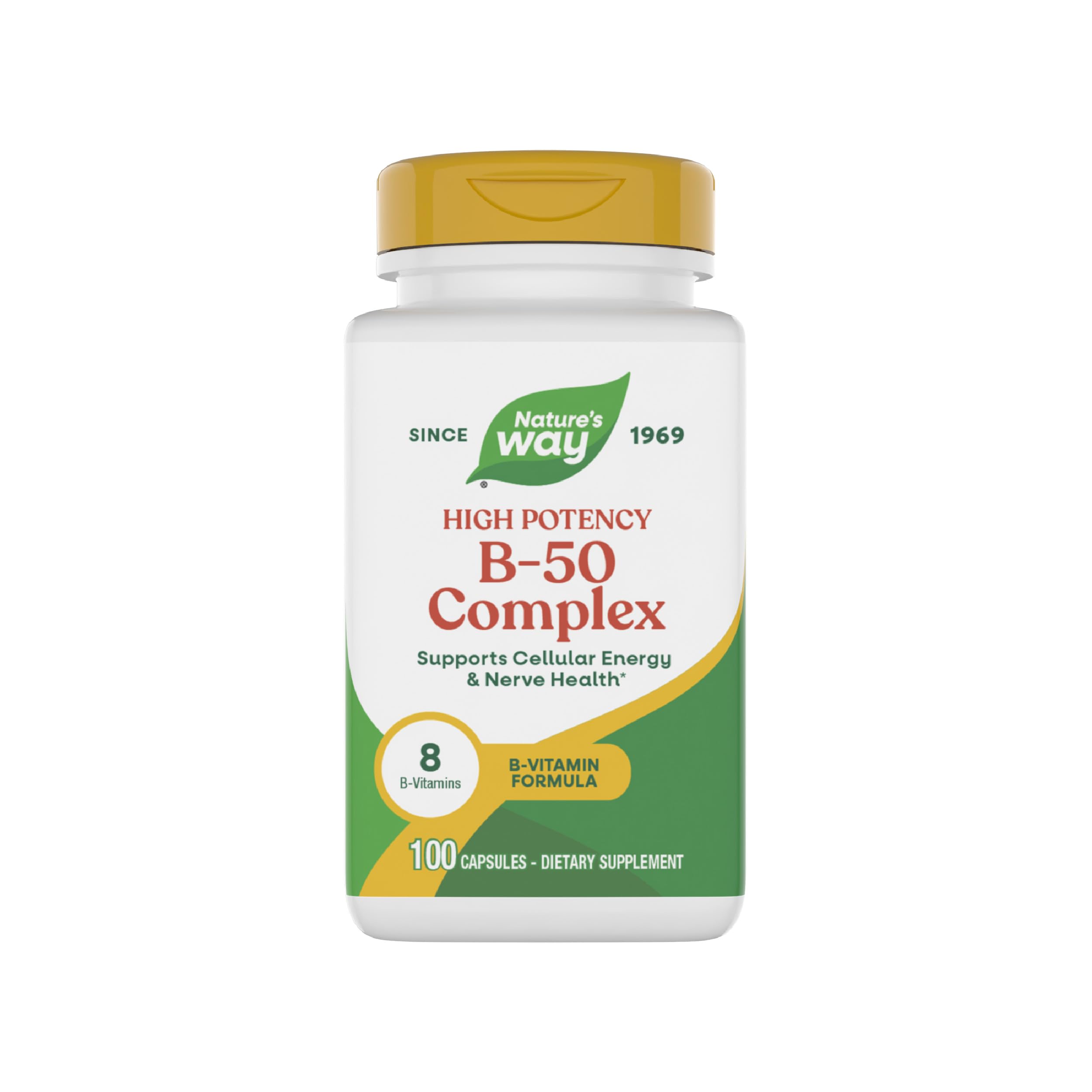 Nature's Way B-50 Complex, Supports Cellular Energy & Nerve Health*, 8 B-Vitamins, With Folic Acid, Biotin, Niacin & More, Gluten Free, 100 Capsules (Packaging May Vary)