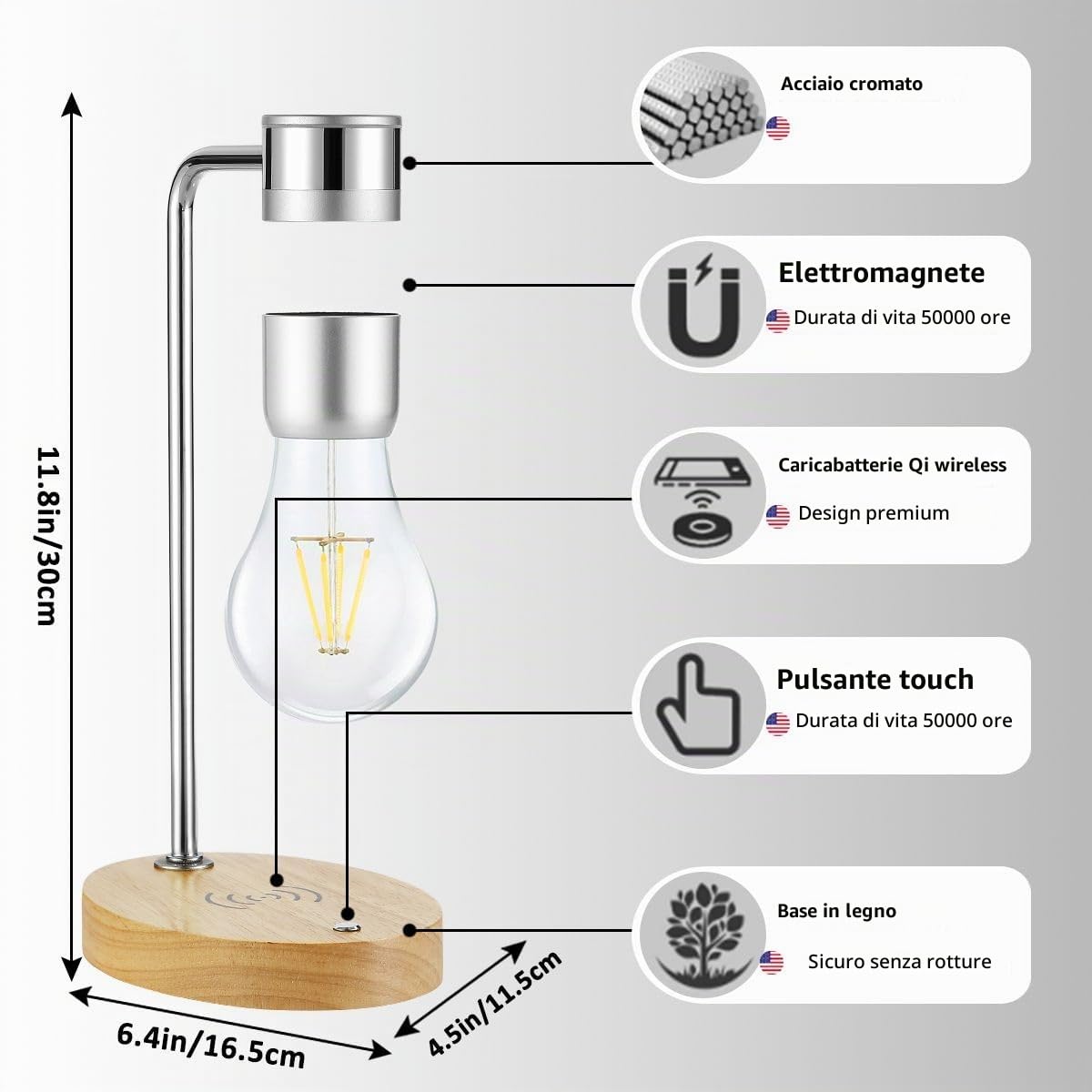 Lampadina levitante magnetica, lampada da scrivania a LED galleggiante con caricabatterie wireless, lampadina levitante rotante, luci notturne per decorazione di stanze e uffici (argento)