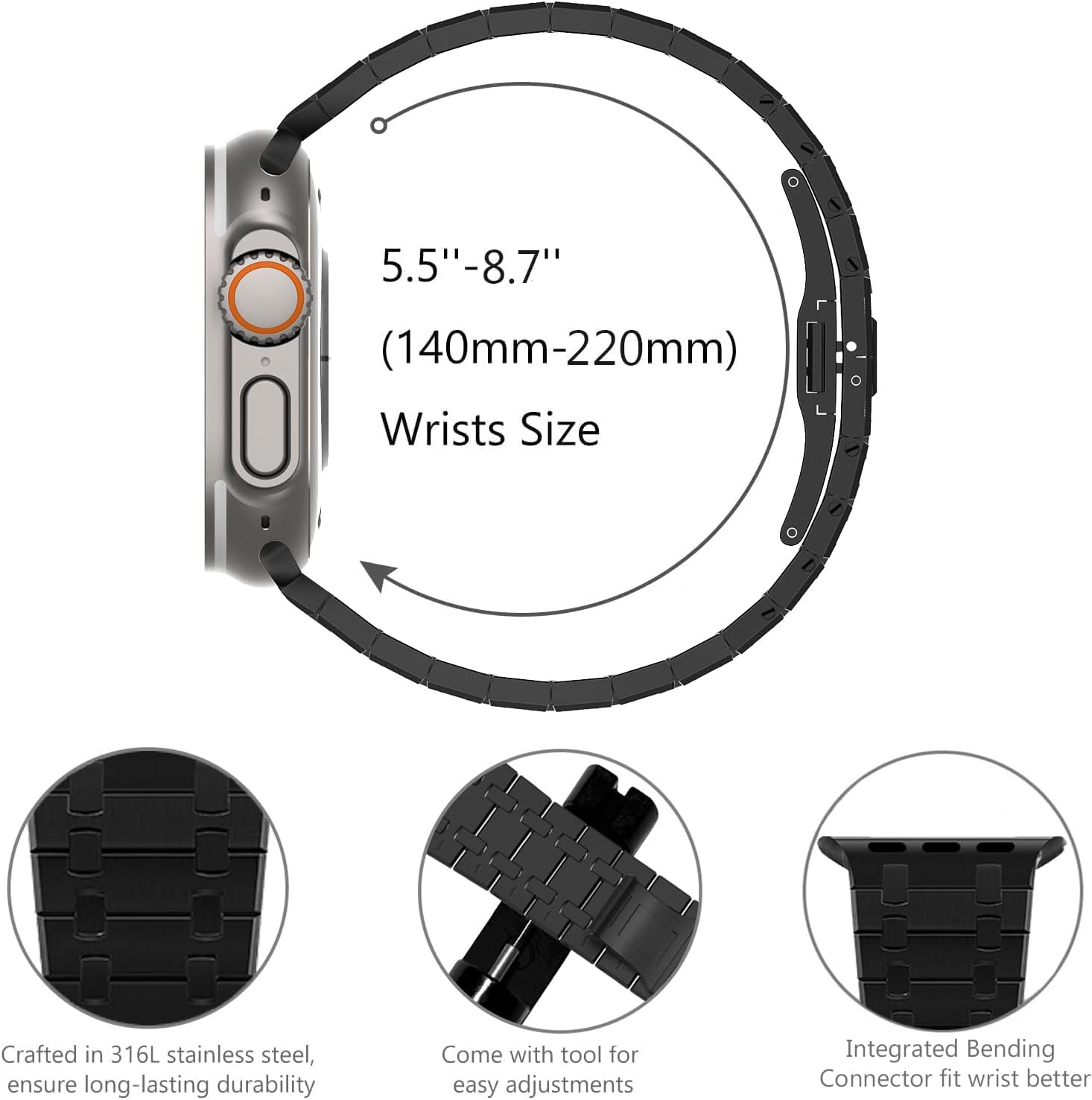 WINGLE Compatible for Apple Watch Band Ultra 3/2/1 Band 49mm Series 11 10 46mm 45mm 44mm 42mm SE 3/2/1 Series 9 8 7 6 5 4 3 2 1 Men, Stainless Steel Classy Casual Business Metal iWatch Bands, Black - Image 4