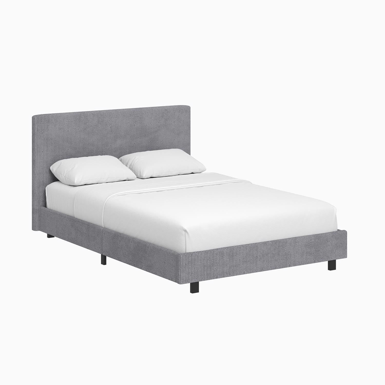 FWStyle Grey Upholstered Small Double Bed Frame – Ribbed Linen Fabric with Tall Padded Headboard, Wooden Sprung Slats & Low Profile Design – Modern Fabric Bed