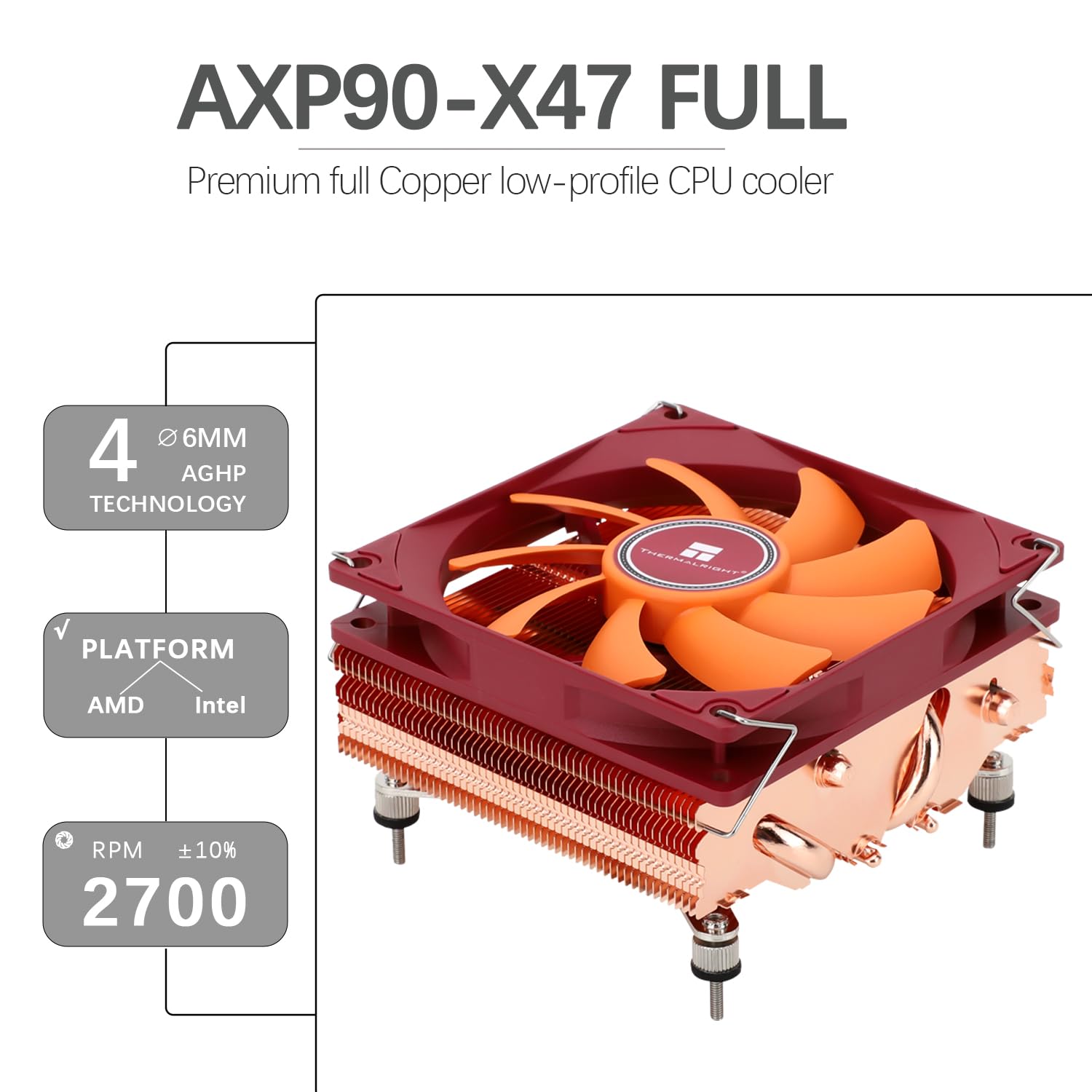 TR-Thermalright AXP90 X47 Full CPU-Kühler, 4 Heatpipes, leiser 92 mm Low-Profile-Lüfter, 2700 U/min, für AMD AM4/AM5, Intel LGA1851/1700/115x/1200, Low-Profile-ITX-PC-Kühler-reines Kupfer-Prozess
