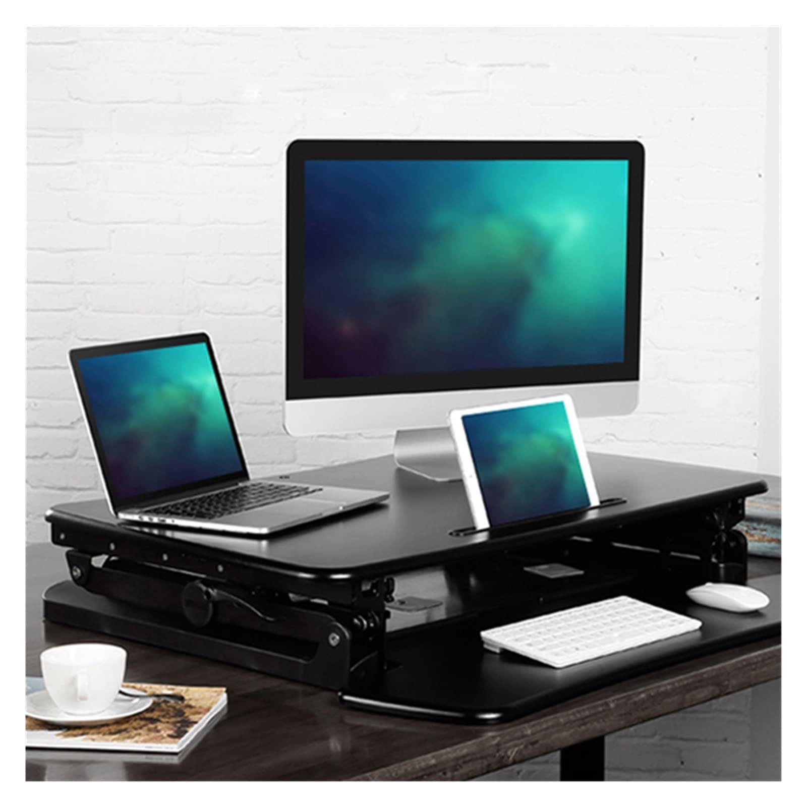 M1L EasyUp Height Adjustable Sit Stand Desk Riser Foldable Laptop Desk Notebook Monitor Holder Stand with Keyboard Tray