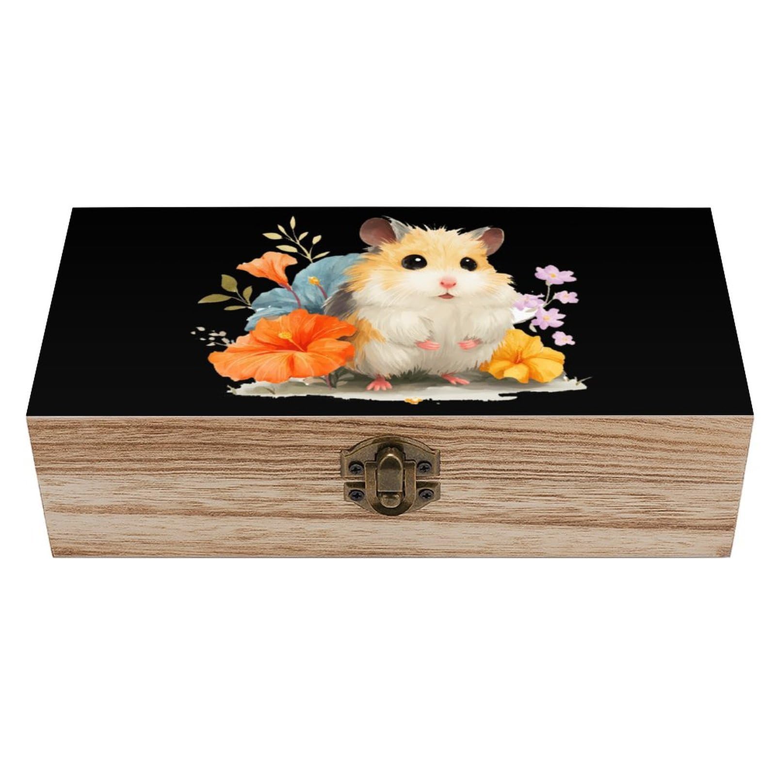 HLBSDM Hamster Flowers Wooden Box with Hinged Lid Decorative Storage Case Container
