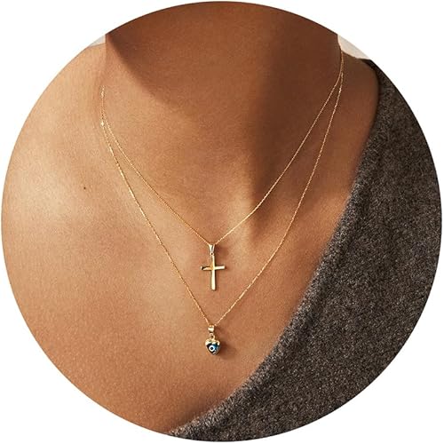 Collar de cruz para mujer, chapado en oro de 14 quilates, delicado collar de cruz en capas, collar de mal de ojo, collar simple de cruz lateral,
