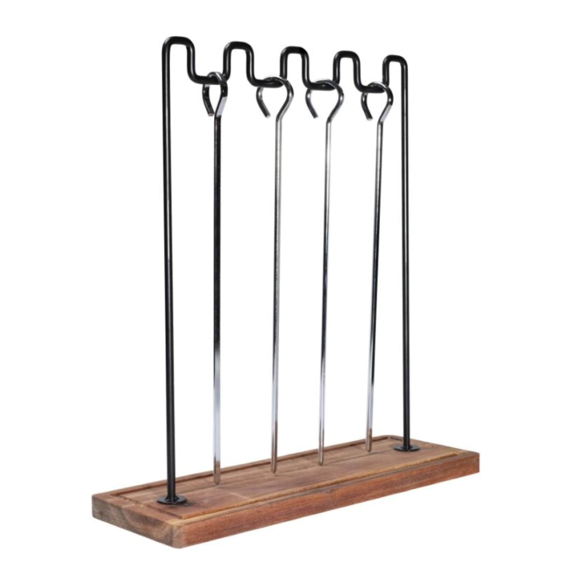bar@drinkstuff BBQ Kebab Skewer Rack with Acacia Wood Serving Board & 4 Stainless Steel Skewers – Hanging Kebab Stand for Grill & Table Serving