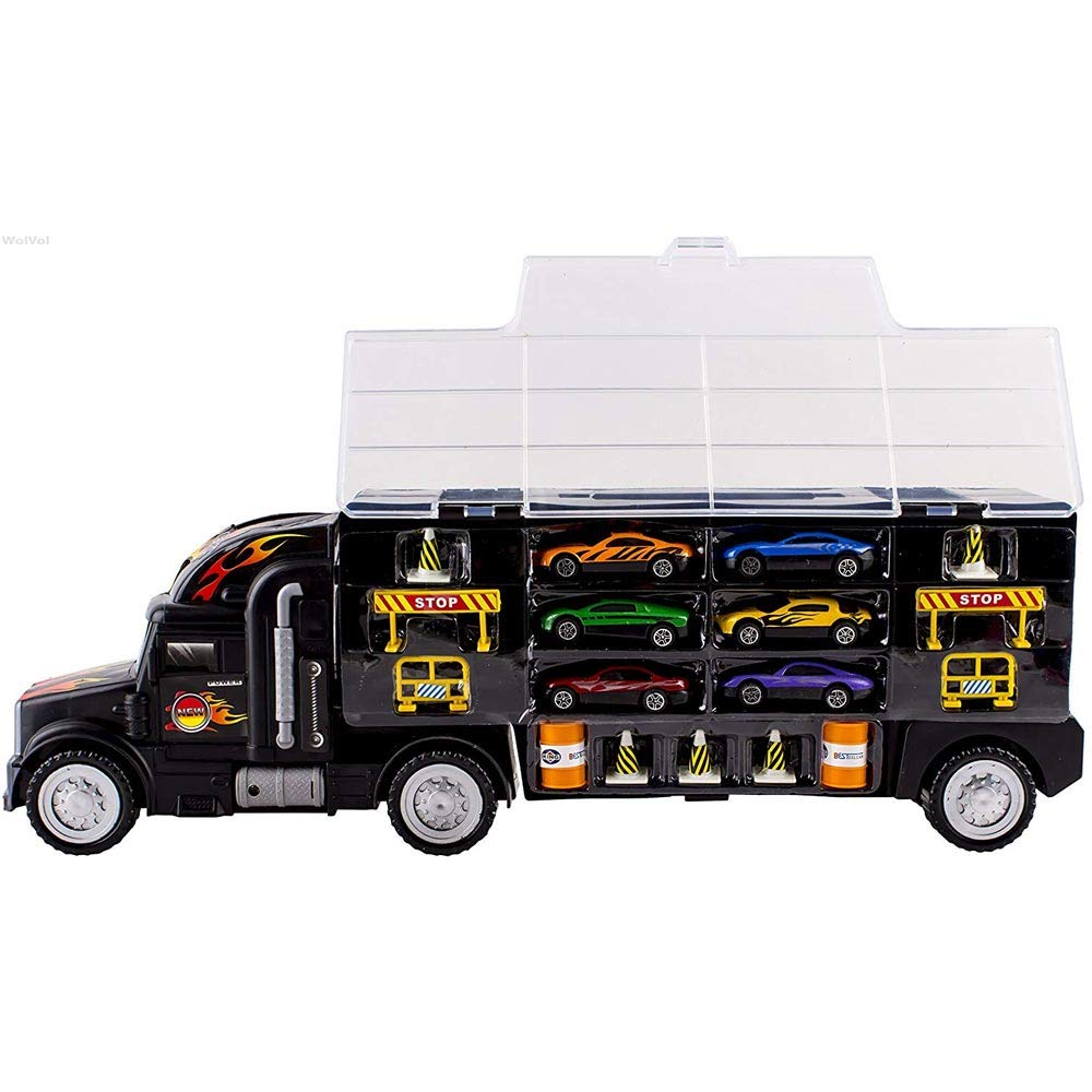 BAKAJI Camion Bisarca Giocattolo per Bambini, Vettura Porta Auto con 6 Macchinine Incluse e Accessori, Macchina Trasportatrice Gioco con Laterali Apribili, Capienza fino a 12 Macchine, 50 x 15 x 9 cm