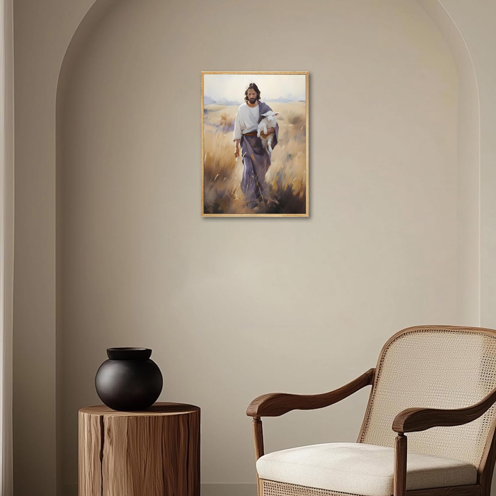Framed Jesus and Lamb Canvas Wall Art Jesus Christ The Good Shepherd Picture Prints God Faith Poster Artwork Christian Home Bedroom Decoration 12x16in