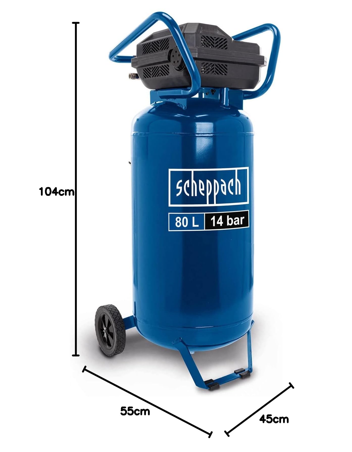 Scheppach Druckluft Kompressor stehend HC85V 14Bar | Kessel 80L | 330 l/min | ölfrei & wartungsarm | Ansaugleistung 330 L/min | 2x Schnellkupplungen | Druckminderer | inkl. Fahrvorrichtung