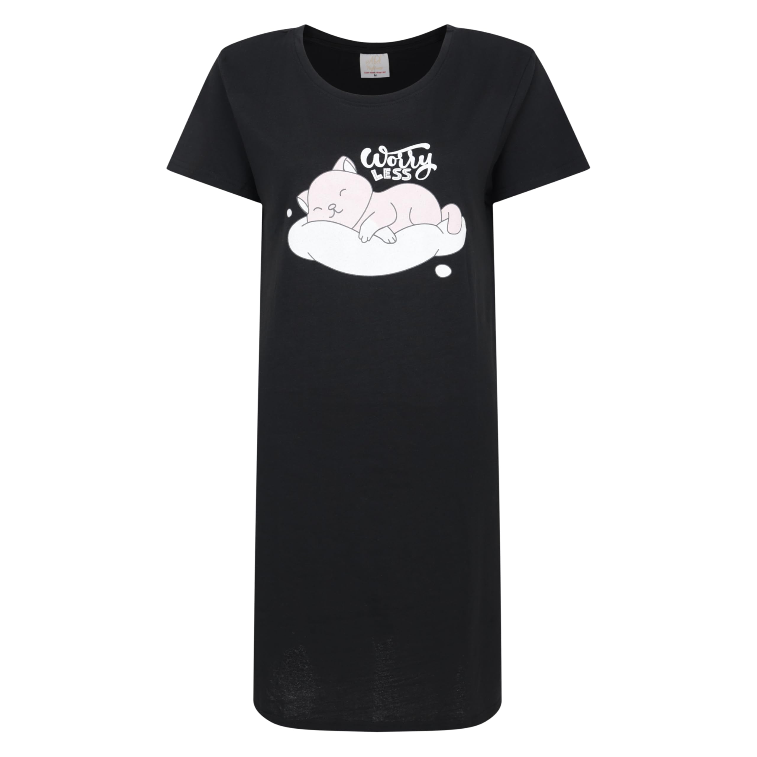 Ex Uk Store Women's Abel D6 - Black - Worry Less Nightie Novelty Prints Short Sleeve Uk Sizes 8 To 22 Jersey Nightdresses (D6 - S)
