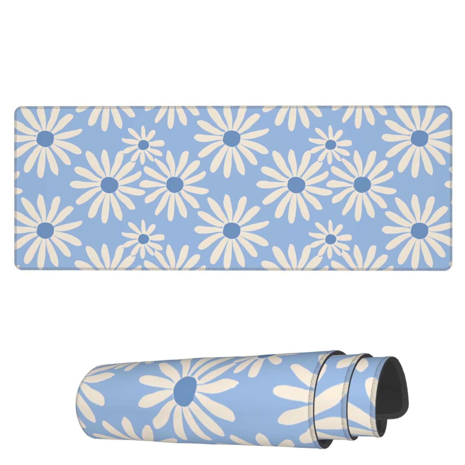Blue and Cream Floral Mouse Pad Large Extended Gaming Desk Mat XL Big Computer Keyboard Mousepad with Non-Slip Base and Stitched Edge for Home Game Office, 31.5 X 11.8 Inch