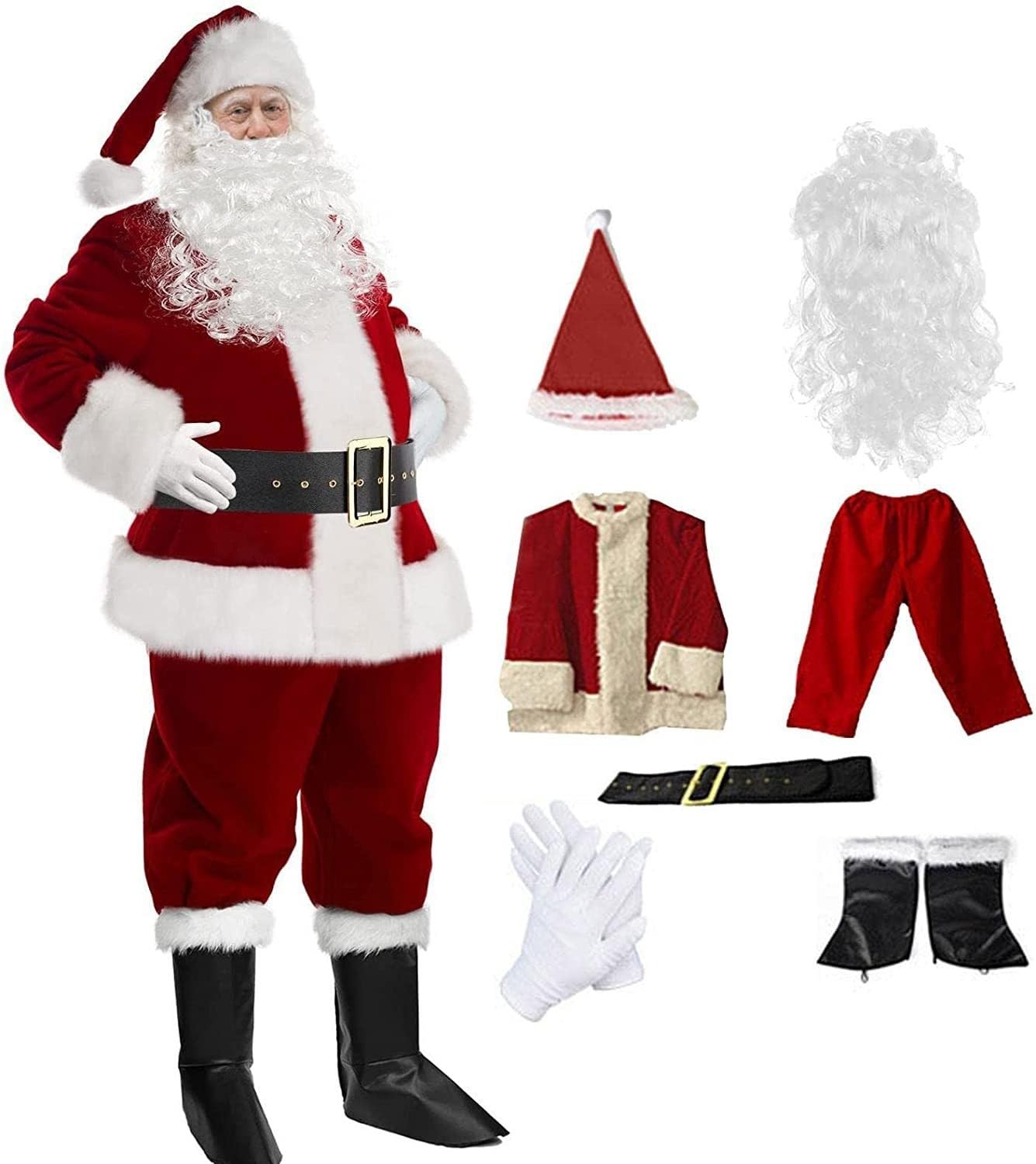 Costume Père Noël pour homme 10 pièces Costume de Père Noël Déguisement de Père Noël pour Noël Costume en velours rouge vin avec perruque Barbe Fête de Noël Cosplay Ensemble de luxe 7pcs,5XL.