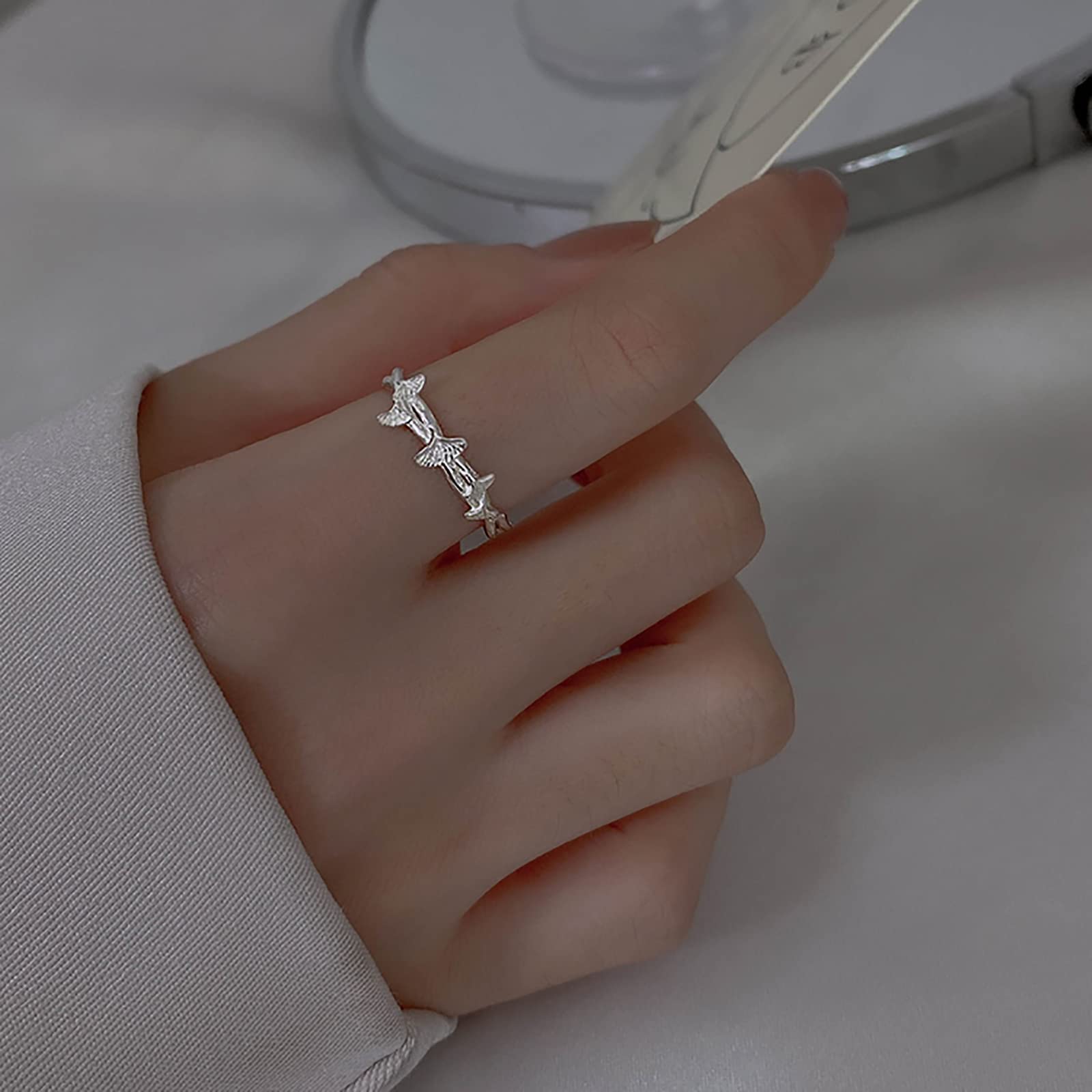 Feng Shui， 925 sterling pierścionek z ginkgo biloba moda liść delikatny pierścionek z cierniami regulowany pierścień otwierający biżuteria prezenty dla kobiet,