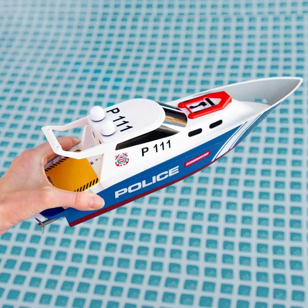 ColorBaby 47674 Racing Boat Boat Police Radiocontrol, 36x10x10 cm, Pilot zdalnego sterowania, 6 kierunków, 2,4 GHz, zasięg 35-40 m, łódź RC, zabawki dla dzieci, 4 lata