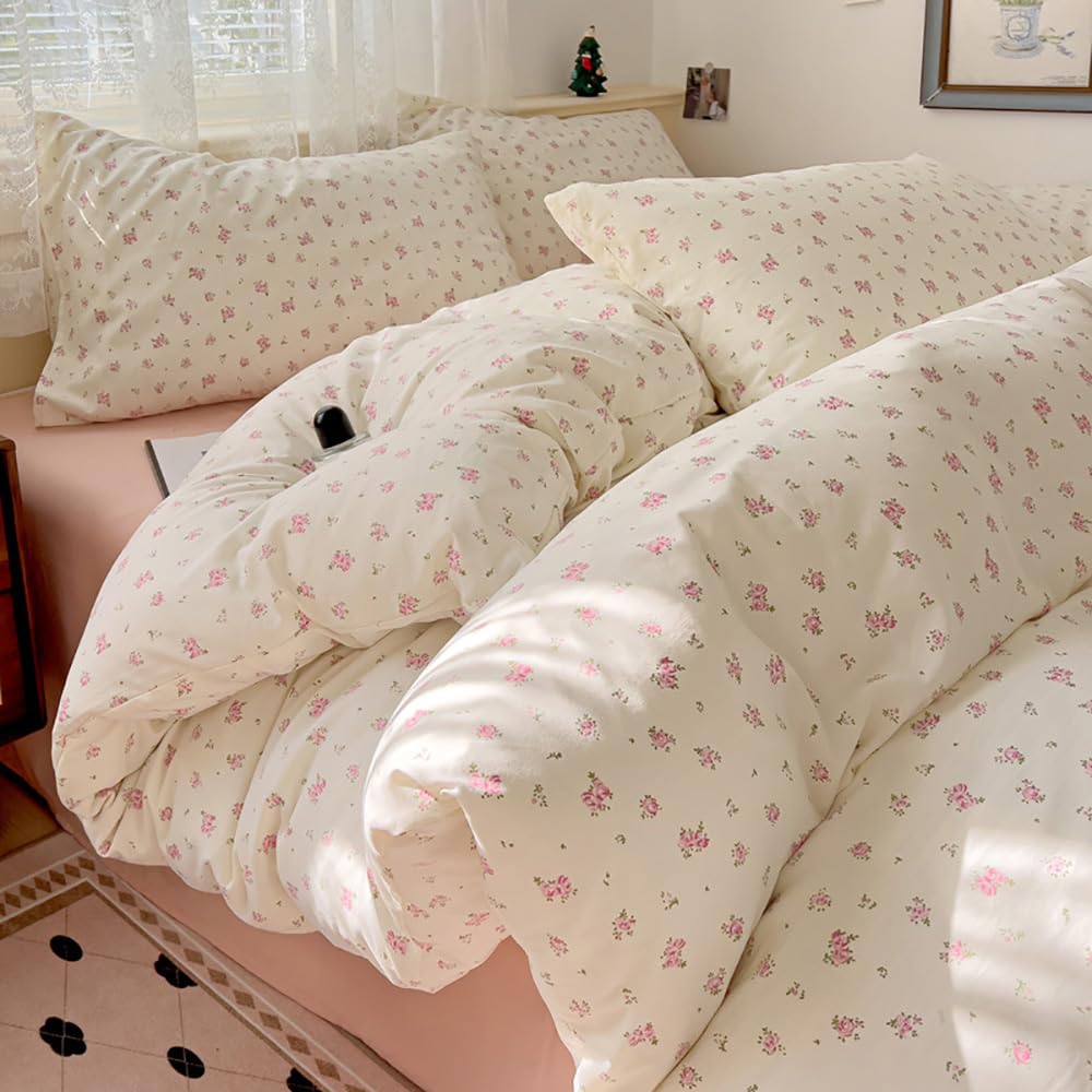 Covebett Duvet Cover Single White Pink Floral Flowers Botanical Meadow Bedding Set 2pcs Pink Flower Print Aesthetic Microfibre Comforter Cover 135x200 cm with Zipper Closure and 1 Pillowcase 50x75 cm โ image 1